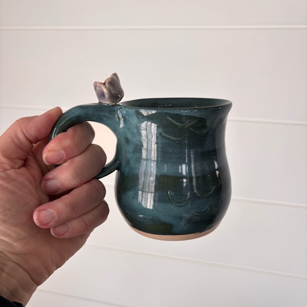 Handmade Teal Ocean Waves Ceramic Mug with Oyster and pearl Accent On Handle - Picture 11 of 11